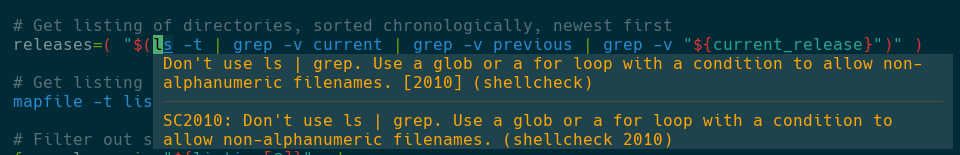 Screenshot demonstrating a Shellcheck tooltip